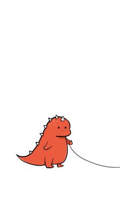 a red dinosaur pulling a string attached to a white wall