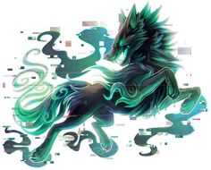 an abstract image of a black and green horse with long manes on it's back legs