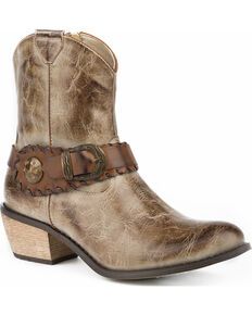 Roper Women's Brown Selah Booties - Round Toe - Country Outfitter Womens Biker Boots, Round Toe Boots, Ankle Cowboy Boots, Womens Cowgirl Boots, Roper Boots, Funky Shoes, Tan Woman, Rounded Toe Boots, Toe Boots