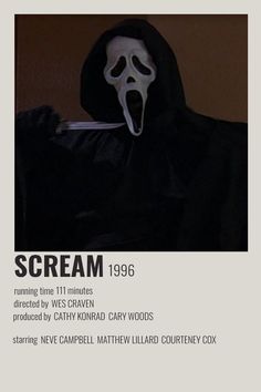 the scream movie poster is shown with an image of a person wearing a ghost mask