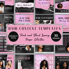 the hair salon flyer template is shown in pink and black