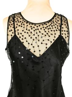 "Original 90s French Vintage Designer Black silk satin and sequined net sleeveless camisole tank top by Alain Manoukian. Double layer camisole and sequined net. A pretty little understated French designer Alain Manoukian top - and versatile too. It has no size and material tags, but the labels are all in place. The camisole under layer can be separated from the sequined net outer layer and worn on its own...or a different camisole can be worn under the net layer (say burgundy red, royal blue or Carnival Dress, Tank Top Camisole, Sequin Top, New Years Party, Burgundy Red, Black Silk, French Design, Silk Satin, French Vintage