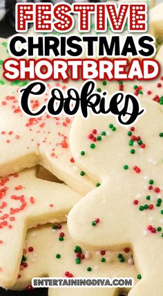 christmas shortbread cookies with sprinkles on top and the words festive christmas shortbread cookies