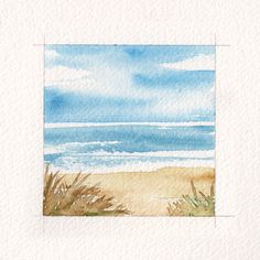 a watercolor painting of the beach with grass and blue sky in the foreground