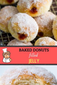 baked donuts filled with jelly and topped with powdered sugar on a cooling rack