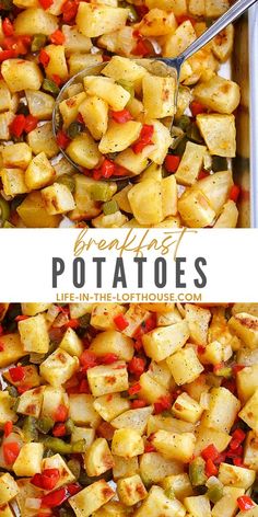 potatoes and peppers in a casserole dish with the title text overlay reads breakfast potatoes