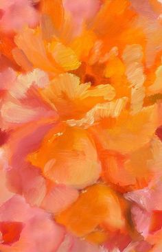 an abstract painting of orange and pink flowers