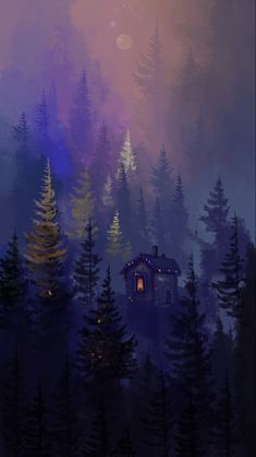 a painting of a cabin in the middle of a forest at night with lights on