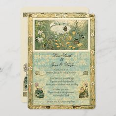 a wedding card with an image of a sheep in the grass and flowers on it