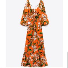 Zara New With Tags Womens Floral Dress Orange Style: Long Maxi V-Neck Long Sleeves With Elastic Cuffs Front & Back Openings With Laces Beautiful Flounced Hem Side Hidden In-Seam Zip Closure Zara Bohemian Orange Maxi Dress, Zara Orange Floral Print Dress, Zara Orange V-neck Midi Dress, Zara Orange Maxi Dress For Brunch, Zara Orange Vacation Dress, Spring Orange Zara Dress, Zara Orange Spring Dress, Zara Orange Maxi Dress For Spring, Button Up Maxi Dress