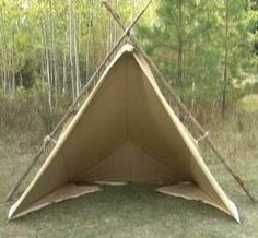 a teepee in the middle of a grassy area with trees and bushes behind it