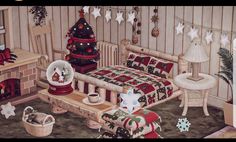 a bedroom decorated for christmas with decorations on the walls