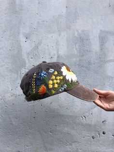 Hand Embroidered Hat / Custom Embroidered Hat / Floral | Etsy Brown Baseball Cap, Space Hat, Baseball Cap Design, Grape Painting, Custom Embroidered Hats, Colorful Hat, Custom Caps, Flower Hat, Floral Hat