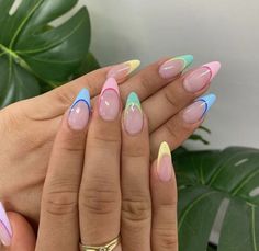 colourful french tip acrylics Multiple Color French Tip Nails, Miami Nails Summer, Multicolor French Tip Nails, Different Color French Tips, Bright French Tip Nails, Rainbow French Tip Nails, Nail Asthetic, Summa Nails, Summer Nails Art Designs