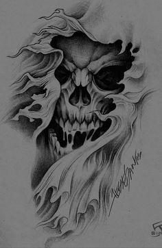 a drawing of a skull with flames coming out of it