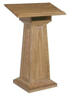 a wooden pedestal with an open door on the top and bottom section, made out of wood