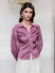 Solid Color Button Detail Pleated Shirt Mauve Purple Casual  Long Sleeve Fabric Plain Shirt Non-Stretch  Women Clothing, size features are:Bust: ,Length: ,Sleeve Length: Mauve Purple, Pleated Shirt, Plain Shirt, Women Blouses, Satin Blouse, Plain Shirts, Button Detail, Silk Satin, Women Clothing