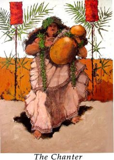 a painting of a woman carrying oranges on her back and palm trees in the background