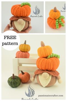 crocheted pumpkins stacked on top of each other with leaves and acorns