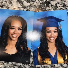 two pictures of a woman in graduation caps and gowns, one is smiling at the camera