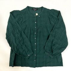 Nwt, Portion Of Tag Cut A Deep Green Plaid With Balloon Sleeves, Button Cuffs, Round Collar And Shirred Yoke That Will Carry You From Fall To Winter. It Is Semi-Sheer, Lightweight Cotton Blend- Great Alone Or Layered Under A Cardigan, Jacket Or Vest. I'm Normally An Xs And This Fit Nicely, Not Too Tight Or Oversized. Fall Winter Holidays Christmas Plaid Layered Green Blouse Casual Fall Blouse With Covered Buttons, Peasant Green Tops For Fall, Cotton Blouse With Snap Buttons For Fall, Fall Cotton Peasant Top For Work, Green Peasant Top For Fall, Cotton Peasant Top For Fall Workwear, Cotton Peasant Top For Workwear In Fall, Relaxed Fit Fall Blouse With Buttons, Fall Daywear Blouse With Button Closure