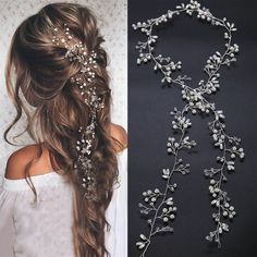 a woman with long hair wearing a white top and silver flowers in her hair is shown next