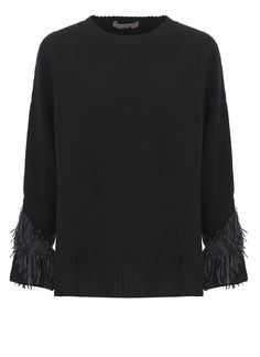 - Black D. Exterior wool sweater for woman - Crew neckline - Long sleeves with fringes - Two side vents at hemComposition: 81% Virgin Wool, 16% Polyester, 3% Polyamide Versace Sweatshirt, Versace Shirt, Zegna Shoes, Sweater For Women, Pleats Please Issey Miyake, Feminine Design, Black Sweater, Yoga Wear, Wool Sweater