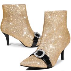 These ankle boots are beautiful and functional of which glitter material and sparkling rhinestones add a celebratory vibe. These pretty boots are complete with a handy pull tab on the side. Step back to the disco era with these sparkly pointy boots. You can wear them with dresses for formal occasions or jeans and skirts for daily life. Please check the size measurement chart before ordering. Christmas Party Boots With Round Toe, Glamorous Ankle-high Party Boots, Glamorous Ankle-high Boots For Parties, Glamorous Ankle-high Heeled Boots For Party, Sparkling Ankle Boots For Evening, Glamorous Gold Heeled Boots For Party, Glamorous Sparkling Ankle-high Boots, High Heel Party Boots With Glitter Accents, Rhinestone Ankle Boots For Evening