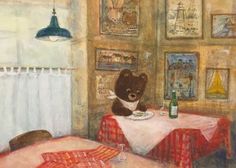 a painting of a teddy bear sitting at a table