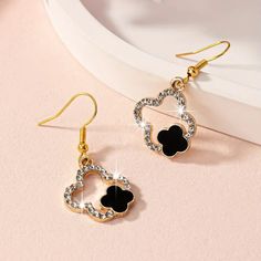 Elegant Japanese/ Korean Style Delicate Lucky Female Earrings Female Earrings, Clover Design, Ear Jewelry, Gold Black, Korean Fashion, Dangle Earrings, Jewelry Earrings, Women Jewelry, Gold