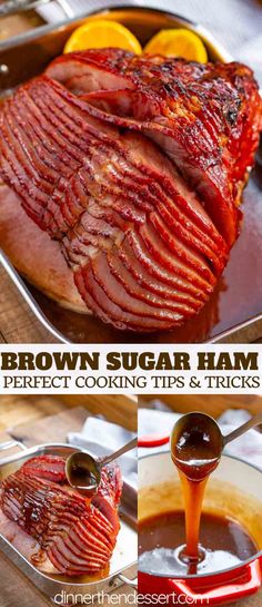 brown sugar ham is being drizzled with sauce