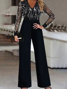 Combinaison Femme Maille Taille haute Couleur unie Col V Elégant Soirée du quotidien Ample Mince manche longue Noir S Automne de 2023 ? € 28.99 Elegant Jumpsuit, Outfit Classic, Timeless Chic, Sequin Jumpsuit, Jumpsuit Online, Jumpsuit Party, Palau, Long Sleeve Jumpsuit, Bhutan