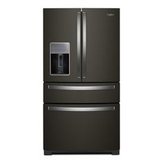 a black refrigerator freezer sitting in front of a white wall