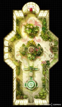 an aerial view of a garden with flowers and plants in the center, from above