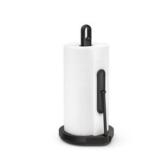 a black and white toilet paper holder on a white background with a black handle for the tissue