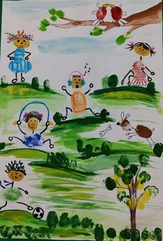 children's artwork depicting different people playing in the grass with trees and birds around them