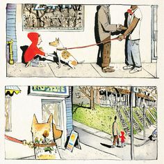 two comics with people walking dogs on leashes, one is talking to the other