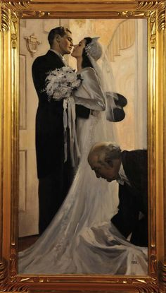 a painting of a bride and groom kissing