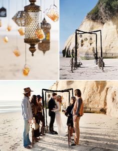 a couple getting married on the beach and hanging lanterns in the sand at their wedding