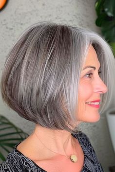 32 Elegant Hairstyles for Women Over 60 with Fine Hair - The Hairstyle Edit Silver Medium Length Hair, Slant Bob Hairstyles, Gray Bobs Aging Gracefully, Gray Hair Styles For Women Over 60 Grey, Grey Hair Bob Older Women, Gray Bob Hairstyles Over 50, Silver Bob Haircut, Short Grey Bob, Gray Bob Hairstyles