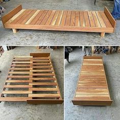 the bed frame is made out of wood and has four different sections to each side