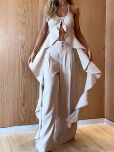 Effortlessly Chic Outfits, Halter Tank, Top And Pants Set, Backless Design, Matching Pants, Two Piece Sets, British Indian, Apricot, Chic Outfits