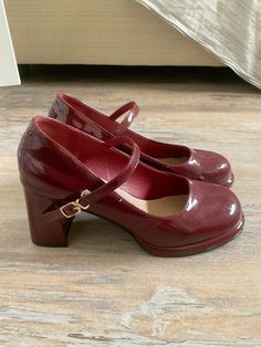 Cute Red Mary Janes, Red Heels Mary Janes, High Mary Janes, Small Heels Aesthetic, Maroon Mary Janes, Dark Red Mary Janes, Cute Red Heels, Cherry Red Mary Janes, Cherry Style Outfit