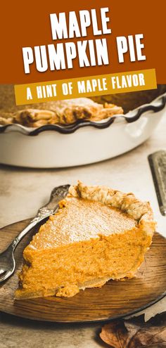 a slice of maple pumpkin pie on a wooden plate with a serving spoon in the background