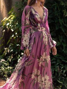 Pleated Dress Long, Sukienki Maksi, Print Chiffon Maxi Dress, Holiday Maxi Dress, Elegant Maxi Dress, Maxi Robes, Pleated Maxi Dress, Chiffon Maxi, Long Sleeve Maxi