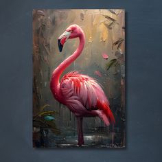 a painting of a pink flamingo standing in the rain