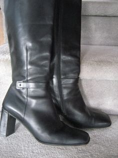 "Fashion tall boots from Italy Soft black Italian leather Via Spiga designer style Ladies 6 M Made in Italy Soft classic dressy garment leather Black fitted style. Full inside zipper, leather and elastic vents at top. Soft garment leather lined Boots are approx 17\" tall 2 3/4\" fashion heel Designer Italian boots are in great vintage condition. Lots of stylish comfort. Boots are stored in my smoke free, pet free home Please read shop and shipping policies." Winter Formal Knee-high Boots, Formal Winter Knee-high Boots, Formal Mid-calf Boots For Fall, Wide Calf Boots For Formal Winter Occasions, Wide Calf Boots For Fall, Wide Calf Full Length Boots For Fall, Full Length Leather Heeled Boots For Fall, Fitted Mid-calf Boots For Formal Occasions, Formal Mid-calf Boots