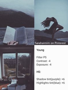 there are four different pictures with the same person doing yoga and then reading a book