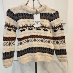 Zara, Nwto, Boys Size 8 Knit Sweater, Nordic Print, Vintage Look, Cream With Gray And Brown!!So In Style, Cutest Ever Sweater , Ordered Online For Family Pics And Was Too Small, So Never Worn! # Vintage Vibes# Boho Vibes# Winter Vibes# Nordic Vibes# Zara Kids# Can Ship Out Same Day Or/ Next Morning ! Be Sure To Check Out My Closet To Bundle And Save!$!$ All Come From A Smoke-Free And Pet Free Home! Zara Knitted Tops For Winter, White Zara Sweater For Winter, Zara Knit Sweater For Fall, Cozy Winter Tops From Zara, Zara Winter Tops, Zara Trendy Cream Sweater, Zara Casual Multicolor Sweater, Casual Multicolor Zara Sweater, Casual Zara Multicolor Sweater