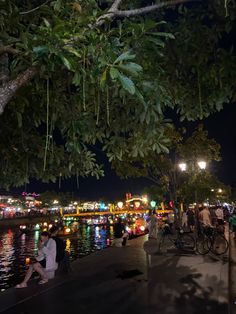 people are walking along the water at night with lights in the trees and onlookers